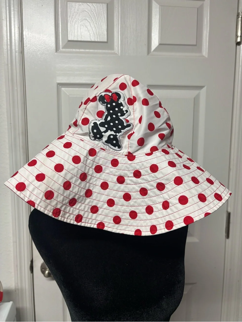 Disney White Sun Hat with Red Polka Dots and Black Minnie Accent